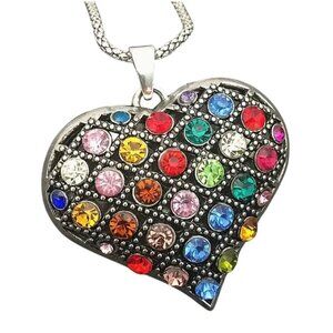 Fun Heart-Shaped Multicolor Crystal Pendant Necklace With Silver Chain